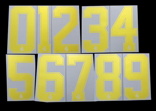 2019 2020 OFFICIAL SPORTING ID REAL MADRID HOME & AWAY GOLD PLAYER SIZE NUMBERS