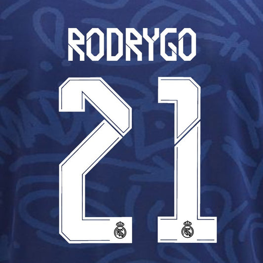 2021 2022 REAL MADRID RODRYGO 21 WHITE AWAY 3RD PLAYER SIZE NAMESET 260MM