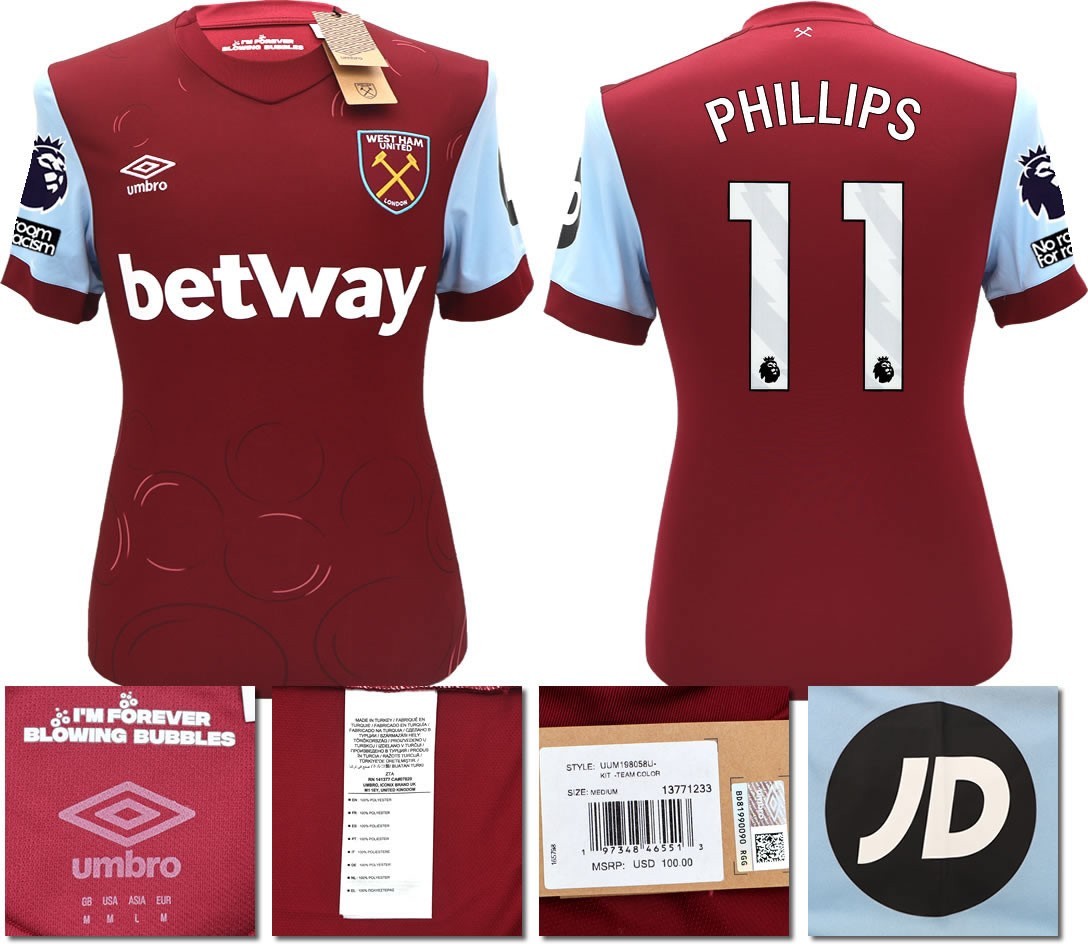 BNWT 2023 2024 UMBRO WEST HAM HOME SHIRT PHILLIPS 11 + PACTHES MEN'S