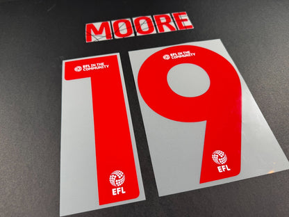 2025 2026 WREXHAM A.F.C MOORE 19 OFFICIAL RED 3RD PLAYER SIZE NAMESET