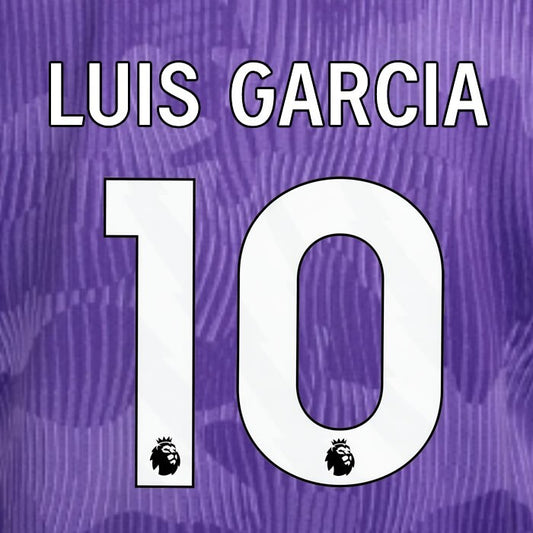 2023 2024 OFFICIAL LIVERPOOL LUIS GARCIA 10 WHITE 3RD PLAYER SIZE NAMESET