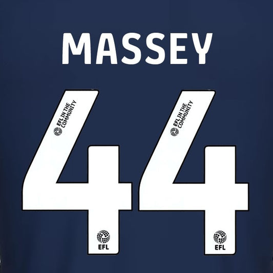 25 26 MILLWALL MASSEY 44 OFFICIAL WHITE HOME PLAYER SIZE NAME SET 230MM
