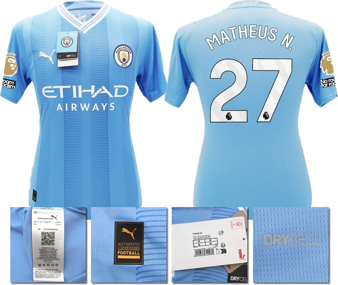 BNWT 2023 2024 MAN CITY PUMA HOME MATHEUS N. 27 + PATCHES SHIRT MEN'S SMALL