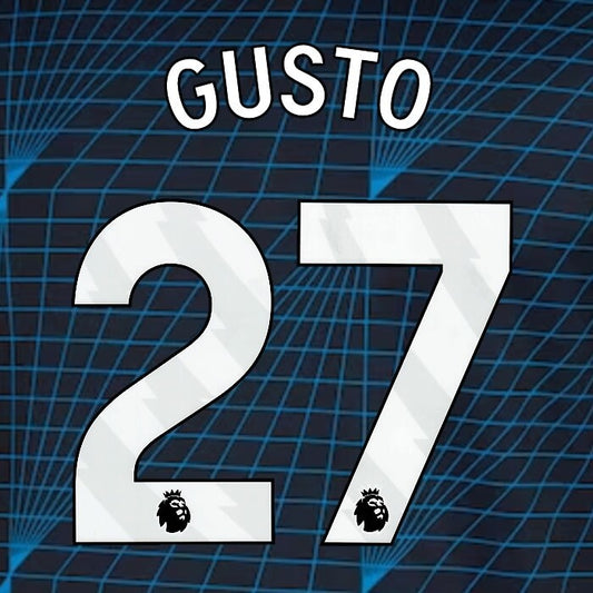 2023 2024 OFFICIAL CHELSEA GUSTO 27 WHITE AWAY PLAYER SIZE NAMESET