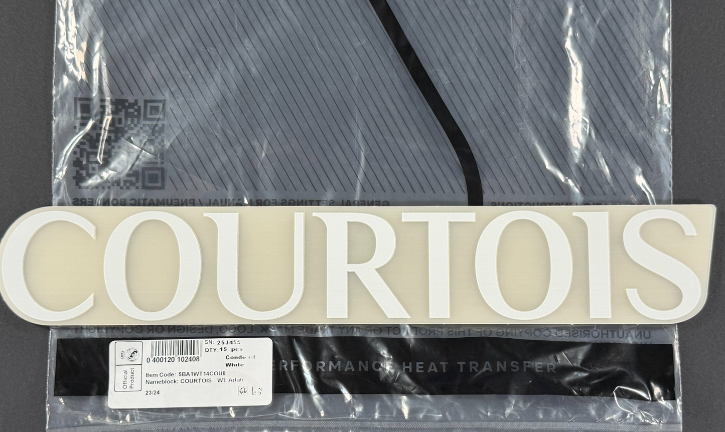 2023 2024 REAL MADRID COURTOIS 1 WHITE AWAY 3RD PLAYER SIZE NAMESET 260MM