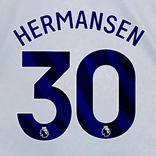 2024 2025 OFFICIAL LEICESTER CITY HERMANSEN 30 BLUE 3RD PLAYER SIZE NAME SET