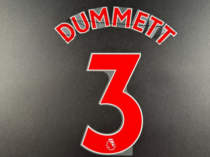 NEWCASTLE 2022-23 DUMMETT 3 OFFICIAL AVERY DENNISON RED PLAYER SIZE NAME SET