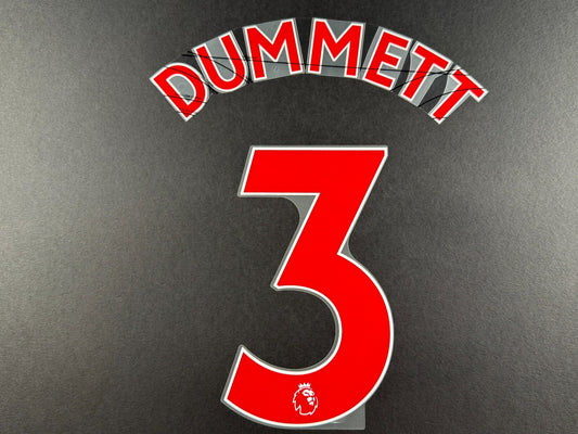 NEWCASTLE 2022-23 DUMMETT 3 OFFICIAL AVERY DENNISON RED PLAYER SIZE NAME SET