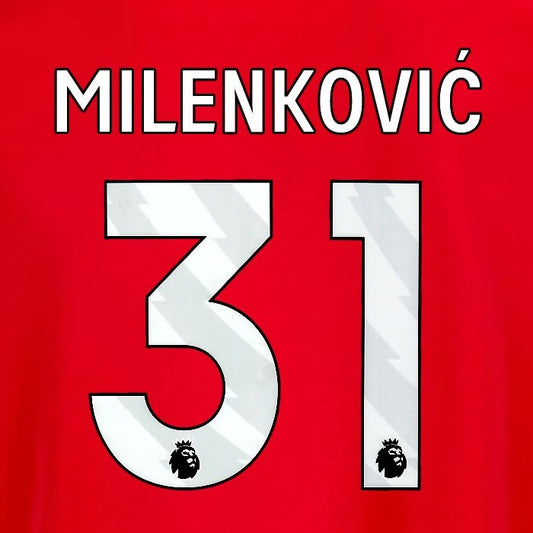 2025 2026 OFFICIAL NOTTINGHAM MILENKOVIC 31 WHITE HOME PLAYER SIZE NAMESET