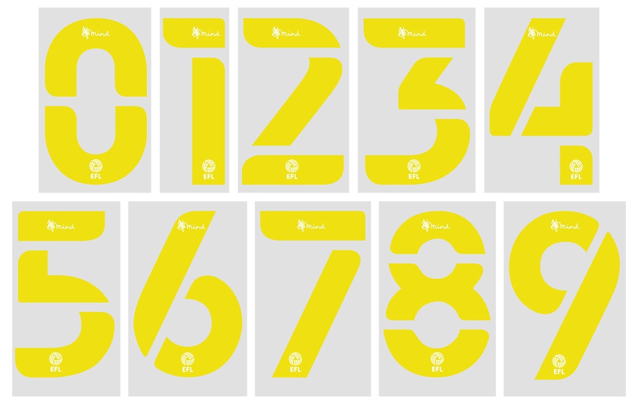 20/23 OFFICIAL EFL FOOTBALL LEAGUE DARK YELLOW PLAYER SIZE MIND SHIRT NUMBERS