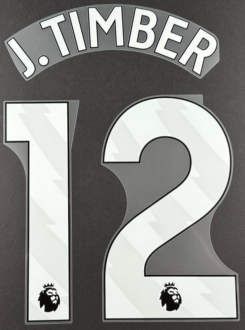 ARSENAL 2023/25 J. TIMBER 12 OFFICIAL AVERY DENNISON WHITE PLAYER SIZE NAME SET