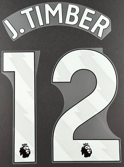 ARSENAL 2023/25 J. TIMBER 12 OFFICIAL AVERY DENNISON WHITE PLAYER SIZE NAME SET