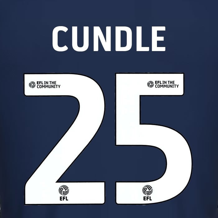 25 26 MILLWALL CUNDLE 25 OFFICIAL WHITE HOME PLAYER SIZE NAME SET 230MM