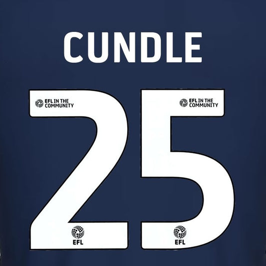 25 26 MILLWALL CUNDLE 25 OFFICIAL WHITE HOME PLAYER SIZE NAME SET 230MM