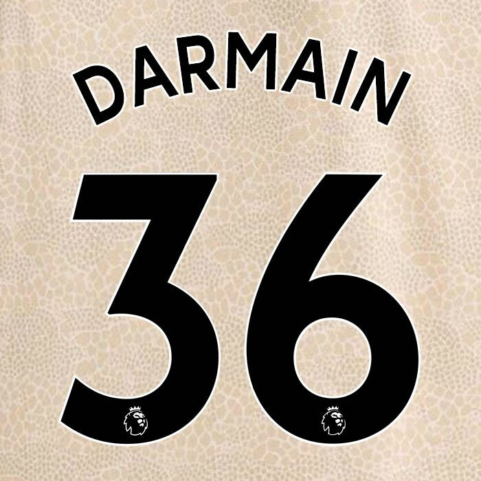 MAN UTD 2019-2023 DARMAIN 36 OFFICIAL AVERY DENNISON BLACK PLAYER SIZE NAME SET