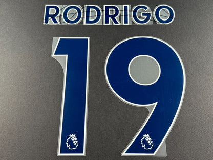 LEEDS UNITED 2022 2023 RODRIGO 19 OFFICIAL AVERY BLUE PLAYER SIZE NAME SET