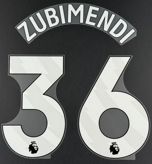 ARSENAL 25/26 ZUBIMENDI 36 OFFICIAL AVERY DENNISON WHITE PLAYER SIZE NAME SET
