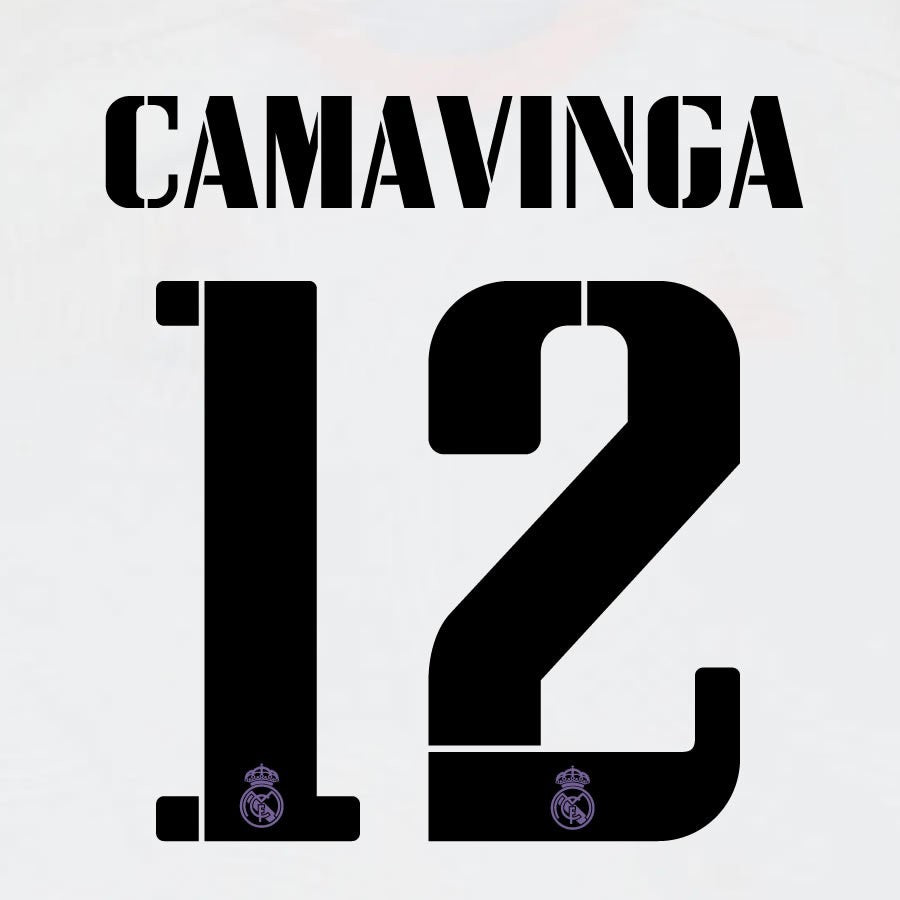 2022 2023 AVERY DENNISON REAL MADRID CAMAVINGA 12 HOME BLACK PLAYER SIZE NAMESET
