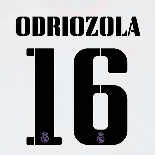 22 23 AVERY DENNISON REAL MADRID ODRIOZOLA 16 HOME BLACK PLAYER SIZE NAMESET