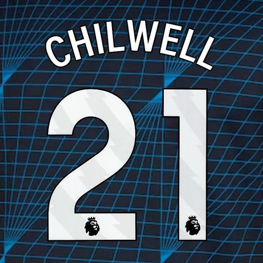 2023 2024 OFFICIAL CHELSEA CHILWELL 21 WHITE AWAY PLAYER SIZE NAMESET