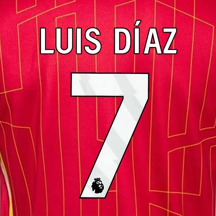 2024 2025 OFFICIAL LIVERPOOL LUIS DIAZ 7 WHITE HOME PLAYER SIZE NAMESET