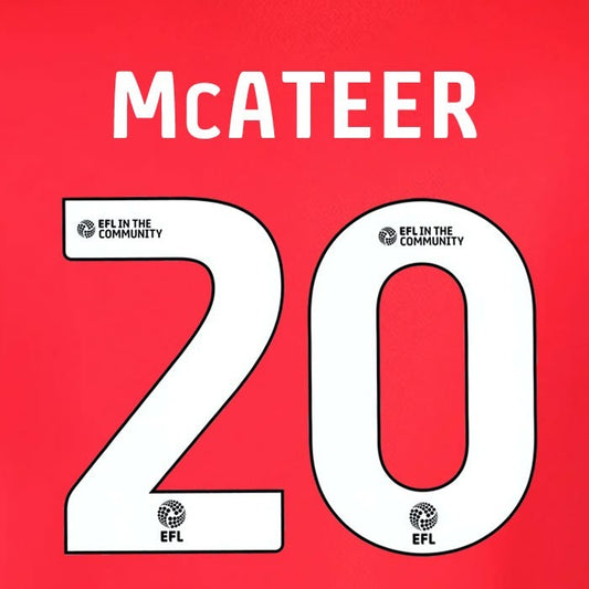25 26  IPSWITCH TOWN MCATEER 20 OFFICIAL WHITE AWAY PLAYER SIZE NAME SET 230MM