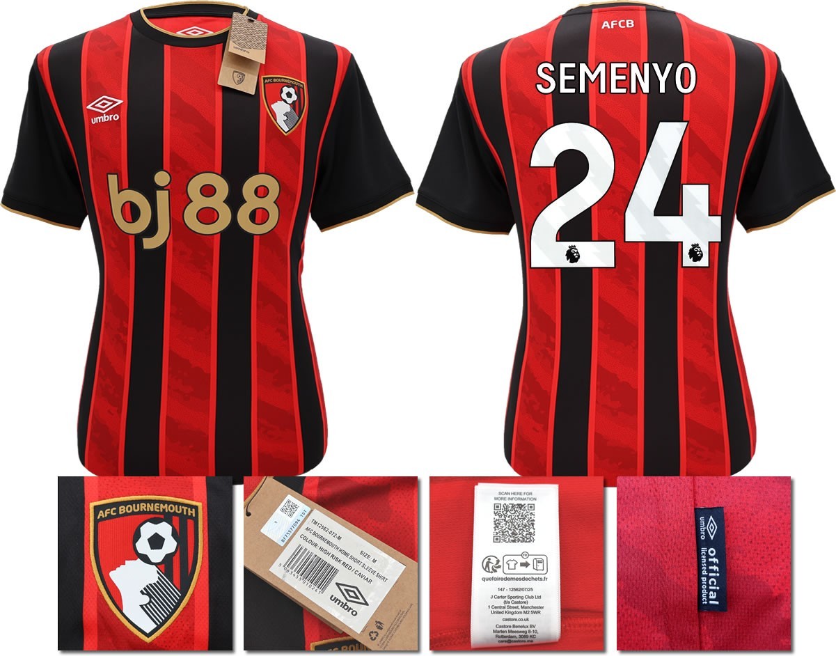 BNWT 2025 2026 UMBRO AFC BOURNEMOUTH HOME SHIRT SEMENYO 24 + PATCHES
