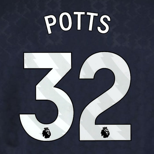 2025 2026 WEST HAM POTTS 32 OFFICIAL WHITE 3RD PLAYER SIZE NAMESET