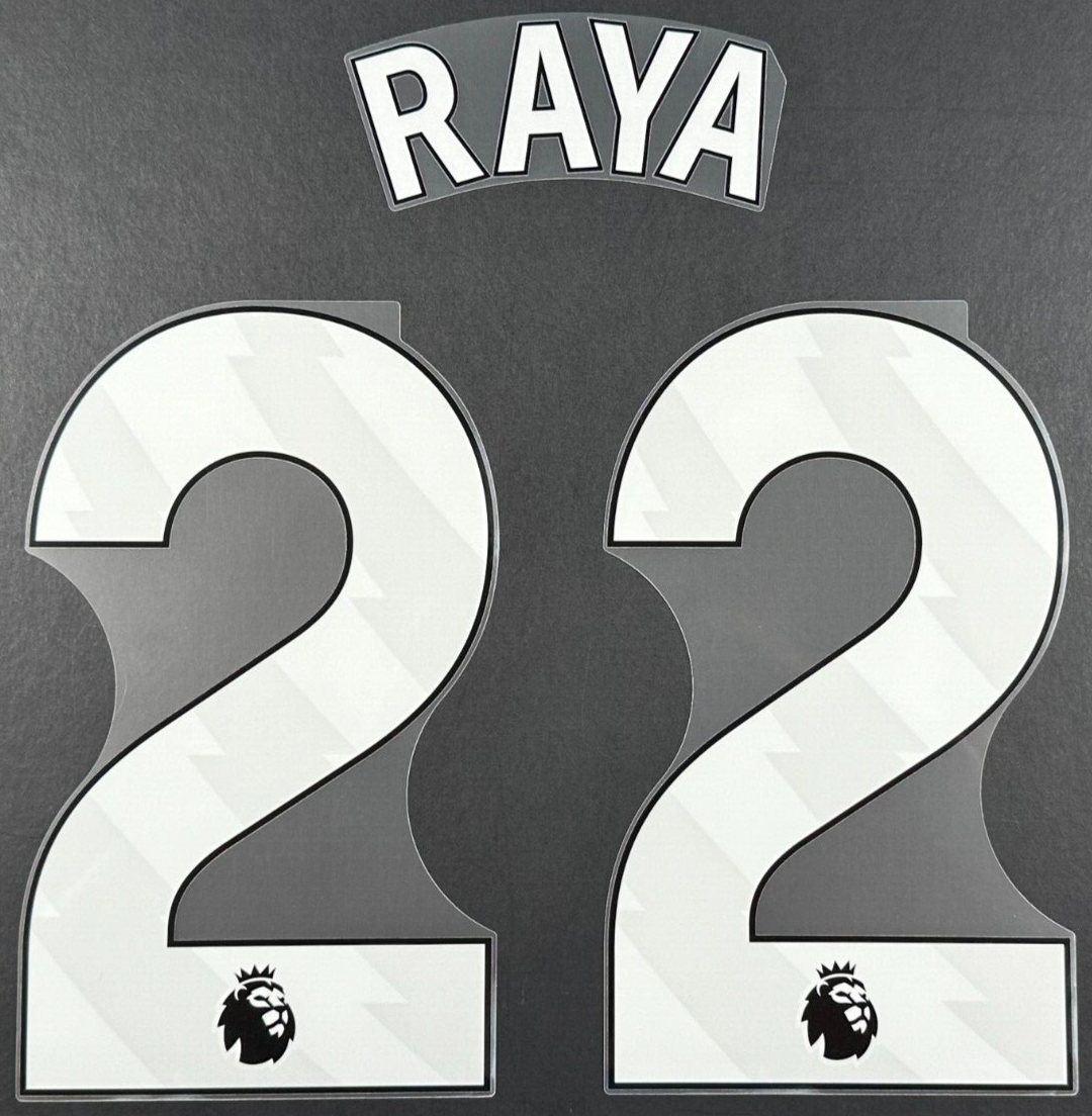 ARSENAL 2023-25 RAYA 22 OFFICIAL AVERY DENNISON WHITE PLAYER SIZE NAME SET