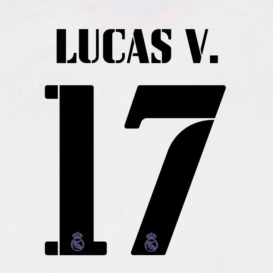 22 23 AVERY DENNISON REAL MADRID LUCAS V. 17 HOME BLACK PLAYER SIZE NAMESET