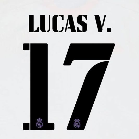 22 23 AVERY DENNISON REAL MADRID LUCAS V. 17 HOME BLACK PLAYER SIZE NAMESET