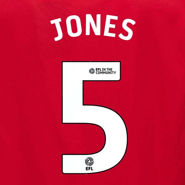 25 26 MIDDLESBROUGH JONES 5 OFFICIAL WHITE HOME PLAYER SIZE NAME SET 230MM