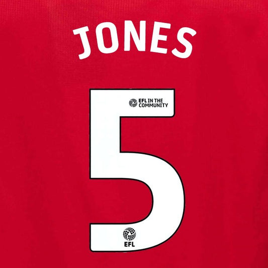 25 26 MIDDLESBROUGH JONES 5 OFFICIAL WHITE HOME PLAYER SIZE NAME SET 230MM