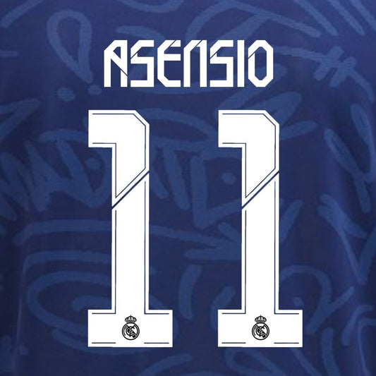 2021 2022 REAL MADRID ASENSIO 11 WHITE AWAY 3RD PLAYER SIZE NAMESET 260MM