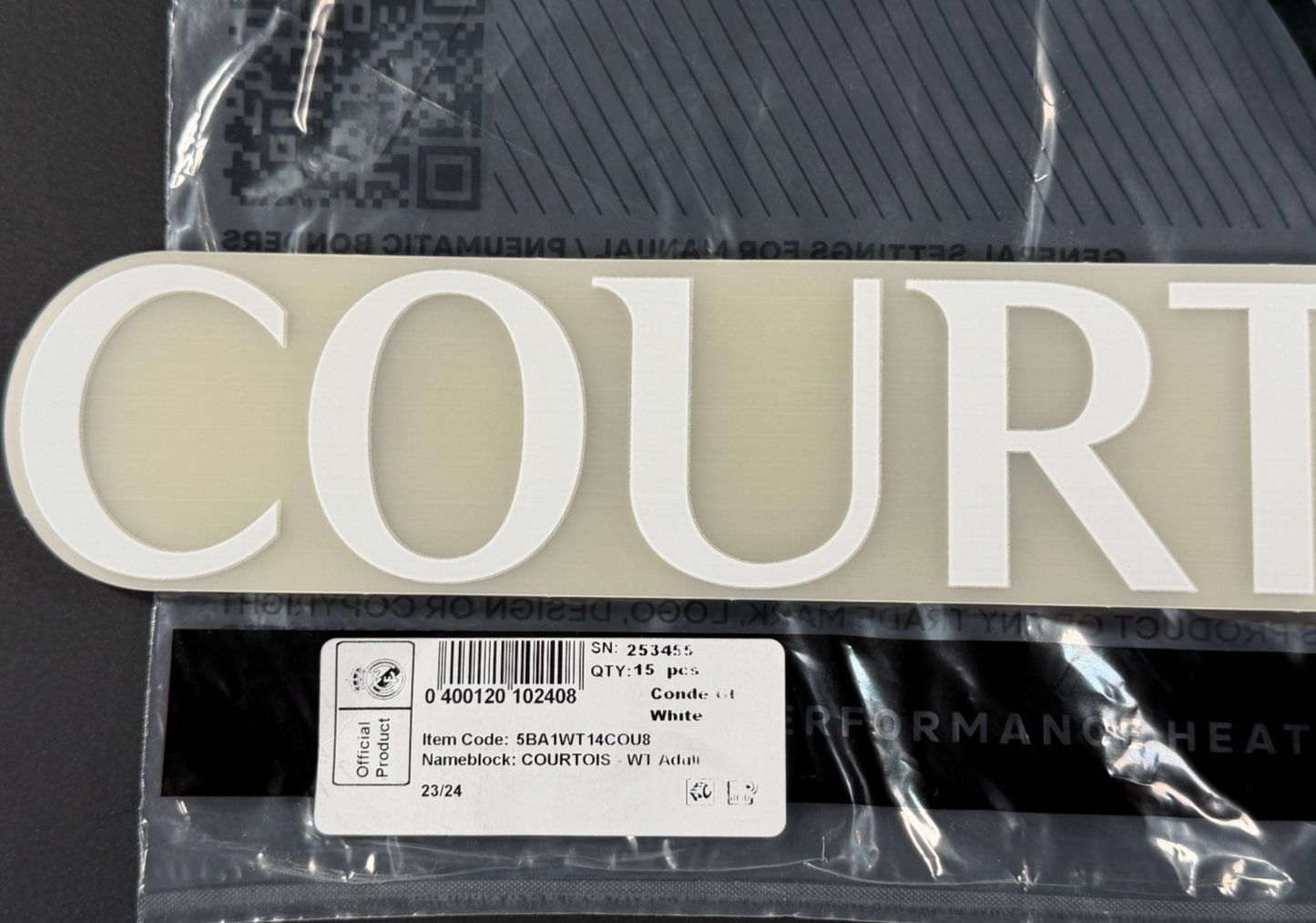 2023 2024 REAL MADRID COURTOIS 1 WHITE AWAY 3RD PLAYER SIZE NAMESET 260MM