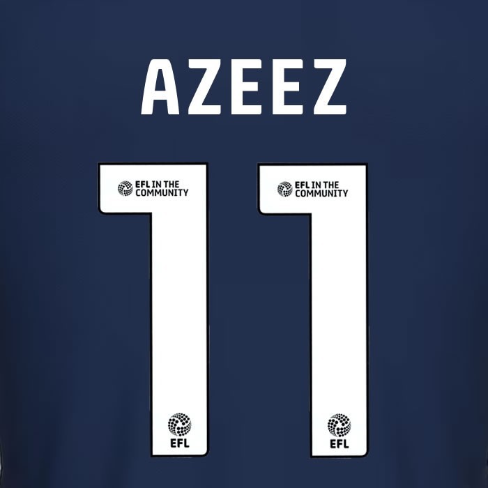 25 26 MILLWALL AZEEZ 11 OFFICIAL WHITE HOME PLAYER SIZE NAME SET 230MM