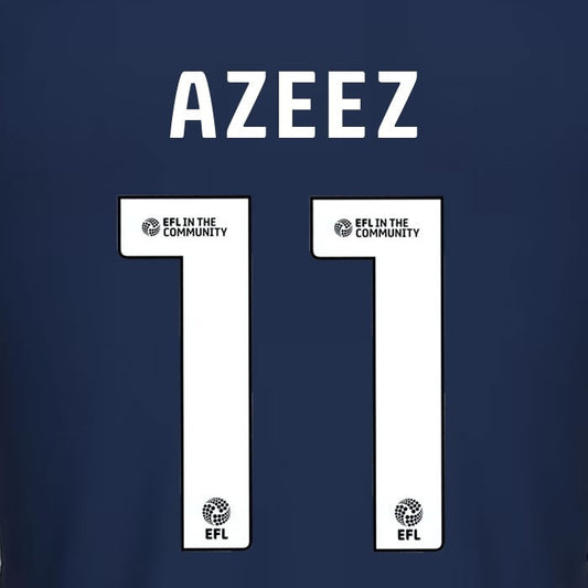 25 26 MILLWALL AZEEZ 11 OFFICIAL WHITE HOME PLAYER SIZE NAME SET 230MM