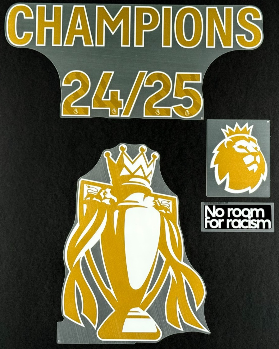 LIVERPOOL CHAMPIONS 24/25 + TROPHY + SLEEVE PATCHS GOLD OFFICIAL AVERY DENNISON