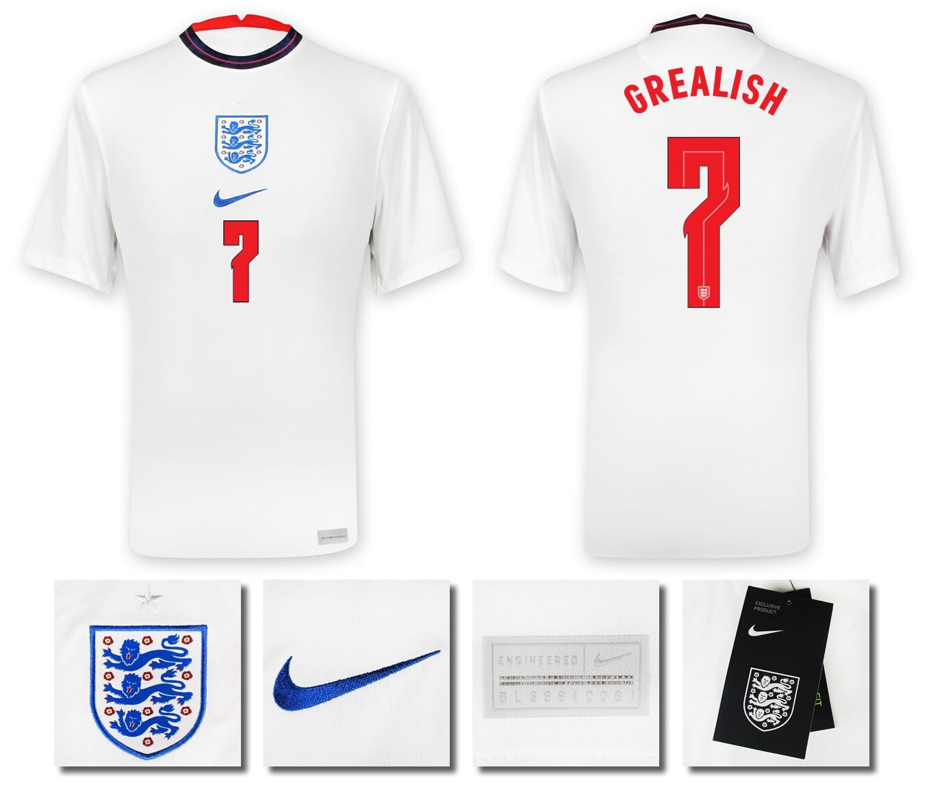 BRAND NEW NIKE ENGLAND HOME EURO 2020 GREALISH 7 SS SHIRT MEN'S SIZE XXL