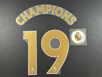 MAN CITY CHAMPIONS 2019 + PATCH OFFICIAL GOLD PLAYER SIZE NAME SET