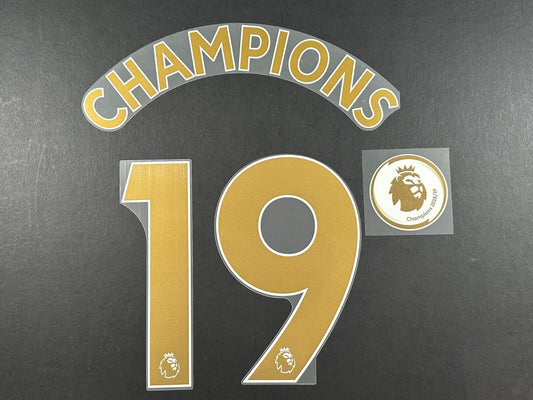 MAN CITY CHAMPIONS 2019 + PATCH OFFICIAL GOLD PLAYER SIZE NAME SET