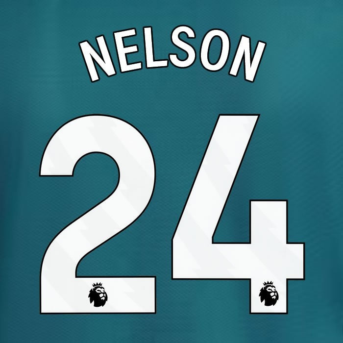 2023 2024 ARSENAL NELSON 24 WHITE 3RD OFFICIAL PLAYER SIZE NAME SET