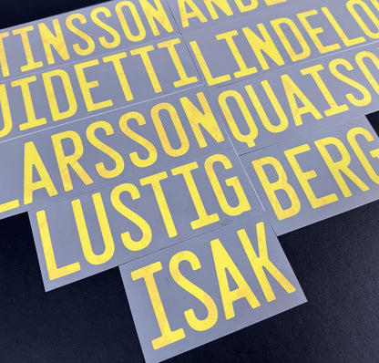 2020 2021 OFFICIAL DekoGraphics SWEDEN AWAY YELLOW PLAYER SIZE NAME BLOCKS 55MM