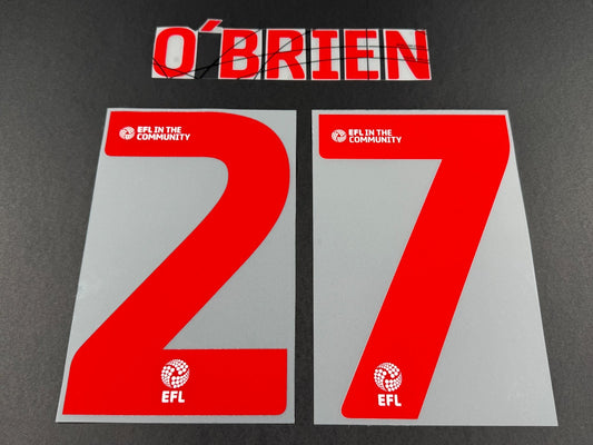 2025 2026 WREXHAM A.F.C O BRIEN 27 OFFICIAL RED 3RD PLAYER SIZE NAMESET