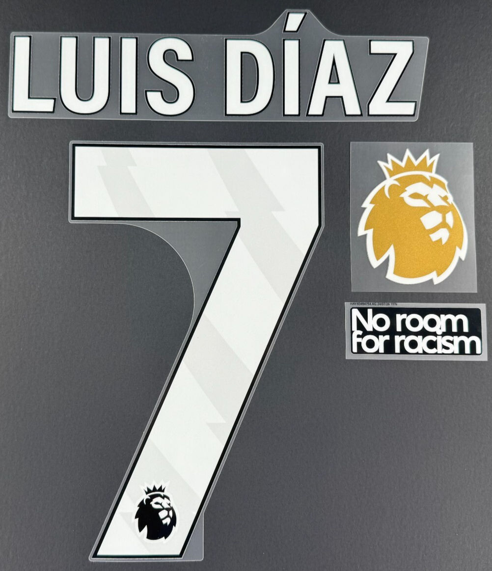 24/25 LIVERPOOL  LUIS DIAS 7 OFFICIAL AVERY DENNISON WHITE PLAYER SIZE + PATCHES