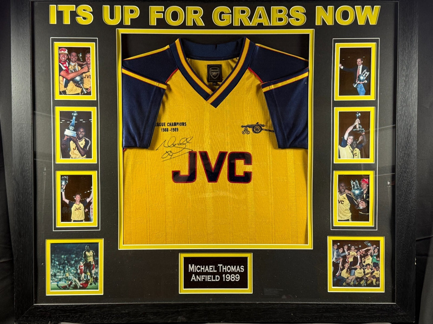 MICHAEL THOMAS SIGNED FRAMED SHIRT - ITS UP FOR GRABS NOW ANFIELD 1989