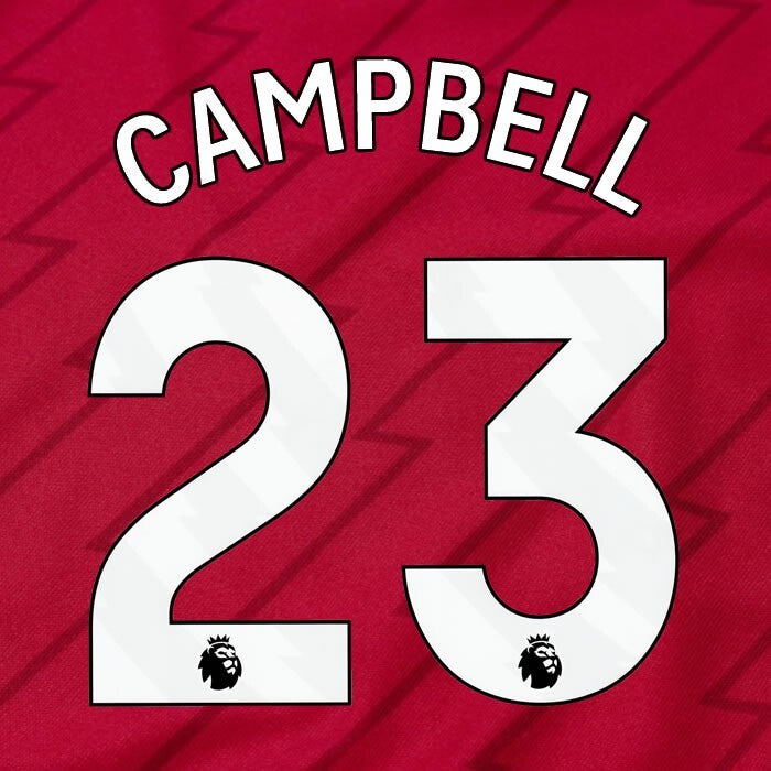 ARSENAL 2023/24 CAMPBELL 23 OFFICIAL AVERY DENNISON WHITE PLAYER SIZE NAME SET