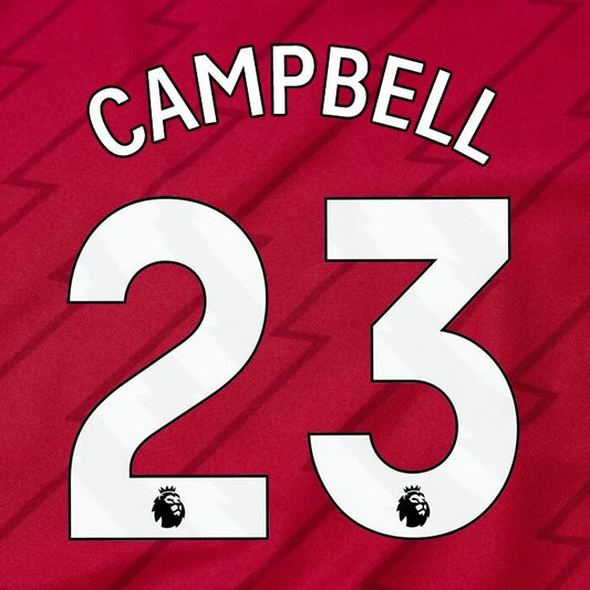 ARSENAL 2023/24 CAMPBELL 23 OFFICIAL AVERY DENNISON WHITE PLAYER SIZE NAME SET