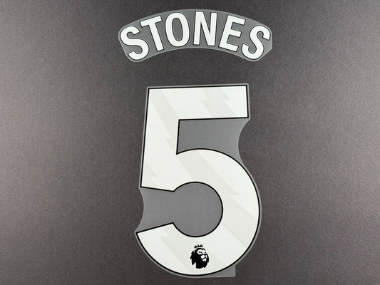 MAN CITY 2023-24 STONES 5 OFFICIAL AVERY DENNISON WHITE PLAYER SIZE NAME SET