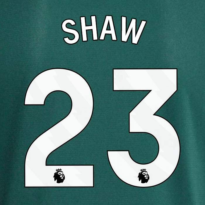 MAN UTD 2023 - 2024 SHAW 23 OFFICIAL AVERY DENNISON WHITE PLAYER SIZE NAME SET